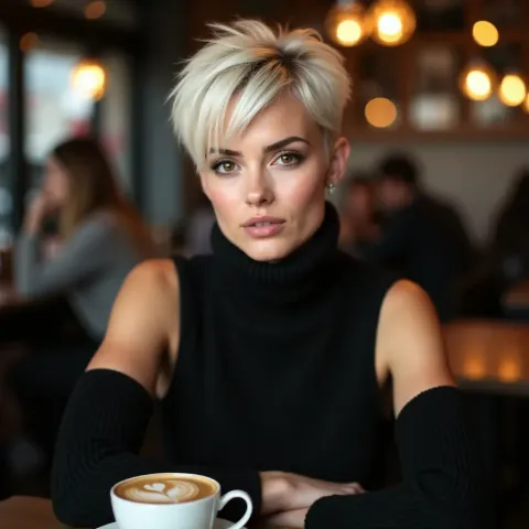Short blonde haircut at a cafe — Short blonde haircut at a cafe. Natural photographic detail, balanced composition, expressive light and clear subject separation. Create a new…