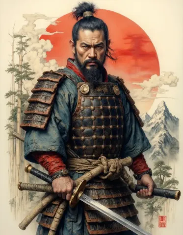 Ink warrior and a red sun — Ink warrior and a red sun. Expressive illustration, harmonious colors, a clear focal point and carefully arranged details. Create a new…