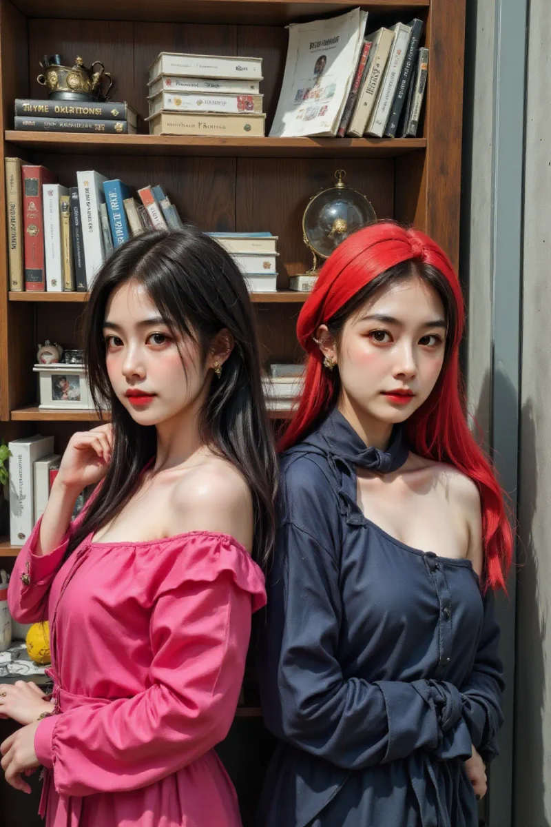 Two portraits in a cozy bookshop — Two portraits in a cozy bookshop. Natural photographic detail, balanced composition, expressive light and clear subject separation. Create a…