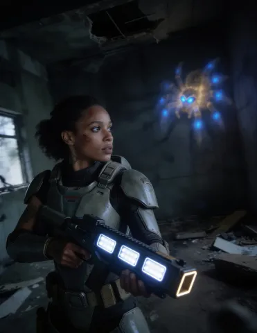 Explorer with a glowing device — Explorer with a glowing device. An imaginative character study with distinctive materials, expressive posture and cinematic lighting. Create a…