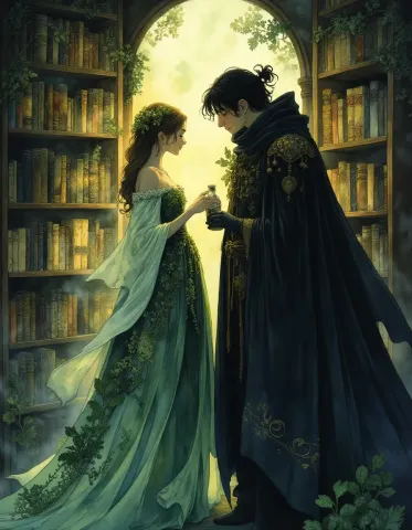 Enchanted library encounter — Enchanted library encounter. Expressive illustration, harmonious colors, a clear focal point and carefully arranged details. Create a new…