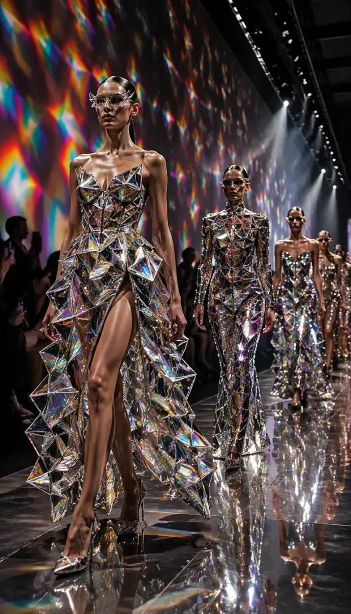 Prismatic runway — Models wearing reflective faceted garments on a dark runway, rainbow reflections and dramatic fashion lighting.