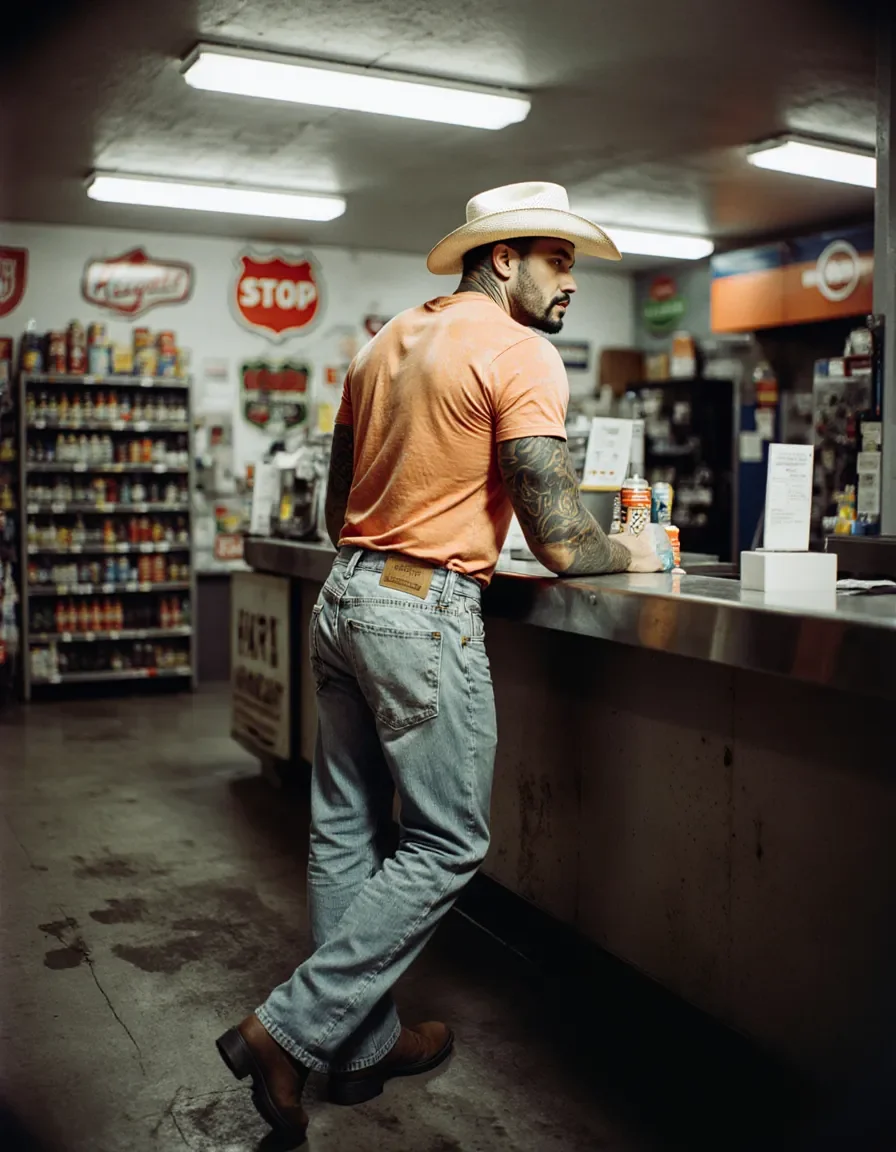 Cowboy at a country store — Cowboy at a country store. Natural photographic detail, balanced composition, expressive light and clear subject separation. Create a new…