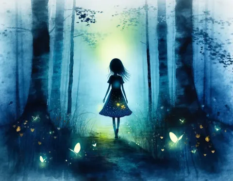 Fireflies in a blue forest — Fireflies in a blue forest. Expressive illustration, harmonious colors, a clear focal point and carefully arranged details. Create a new…