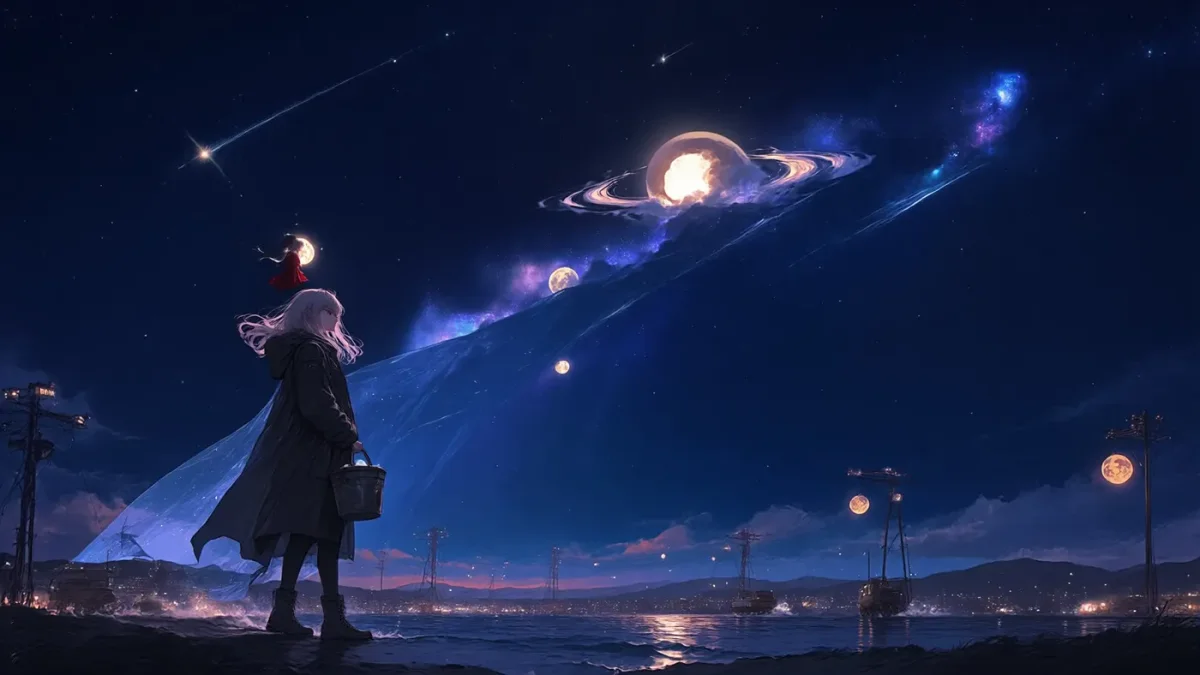 Planetary horizon — A lone illustrated traveler watches glowing planets and a luminous nebula across a deep blue night sky.