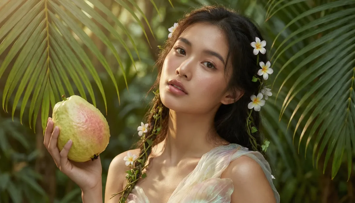 Tropical coconut portrait — A woman holding a green coconut among palm leaves, white flowers in her hair, soft tropical daylight.