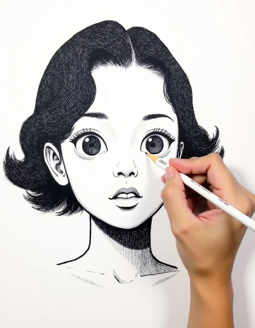 Drawing a wide eyed ink portrait — Drawing a wide eyed ink portrait. Expressive illustration, harmonious colors, a clear focal point and carefully arranged details. Create a new…