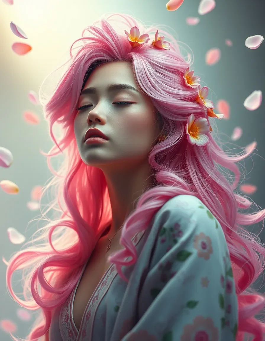 Pink hair and drifting petals — Pink hair and drifting petals. Expressive illustration, harmonious colors, a clear focal point and carefully arranged details. Create a new…