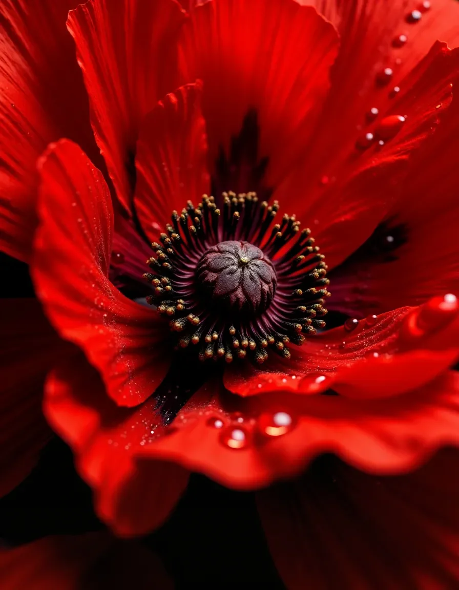 Scarlet flower macro — Extreme macro of a scarlet flower with dark stamens and sparkling dew, dramatic red tones.