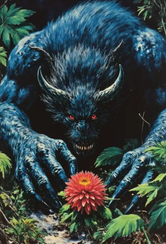 Forest giant and flower — An original blue-furred forest beast gently leaning toward a small orange flower, lush foliage and painted textures.