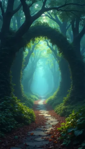 Mossy arch on a forest path — Mossy arch on a forest path. An atmospheric environment with layered depth, coherent lighting and rich environmental detail. Create a new…