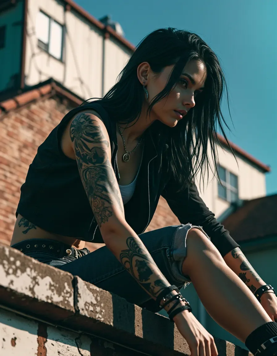 Tattooed street portrait in sunlight — Tattooed street portrait in sunlight. Natural photographic detail, balanced composition, expressive light and clear subject separation.…