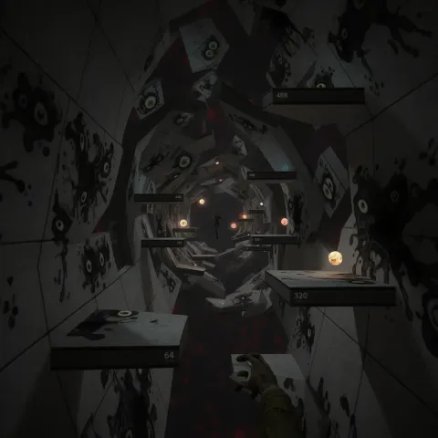 Impossible hallway — A dark surreal corridor with floating furniture and repeating doorways, complex geometric perspective.