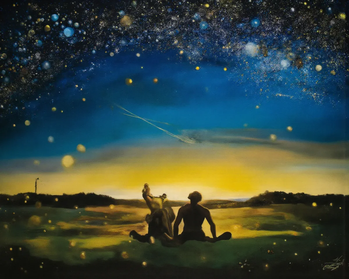 Watching a meteor under the stars — Watching a meteor under the stars. Expressive illustration, harmonious colors, a clear focal point and carefully arranged details. Create a…